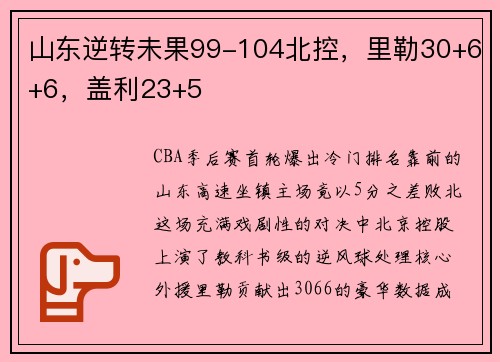 山东逆转未果99-104北控，里勒30+6+6，盖利23+5