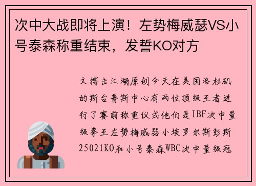 次中大战即将上演！左势梅威瑟VS小号泰森称重结束，发誓KO对方