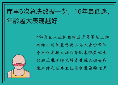 库里6次总决数据一览，16年最低迷，年龄越大表现越好