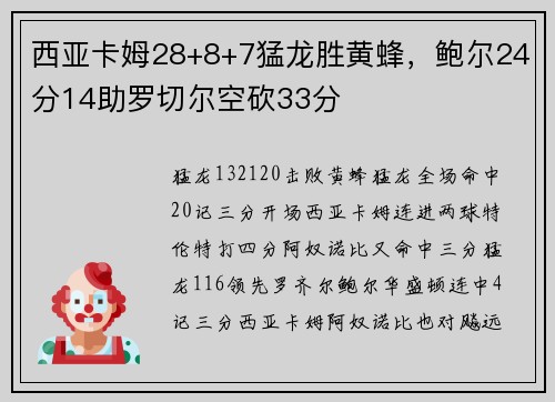 西亚卡姆28+8+7猛龙胜黄蜂，鲍尔24分14助罗切尔空砍33分